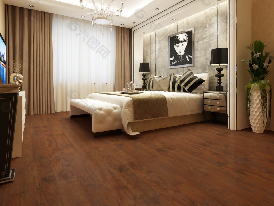 现代风格卧室复合木地板3d渲染图