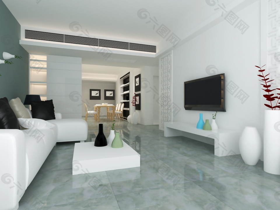 现代简约风格客厅釉面砖3d渲染图
