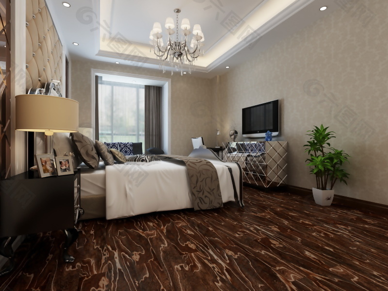 中式卧室强化木地板3d渲染图