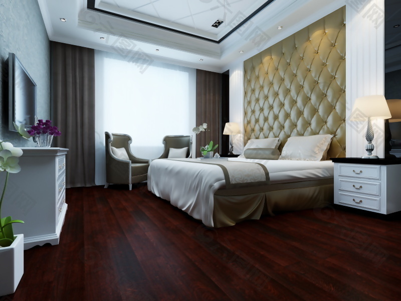 中式卧室强化木地板3d渲染图
