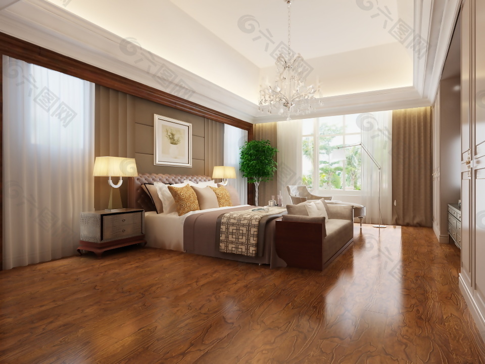 新中式风格卧室强化木地板3d渲染图