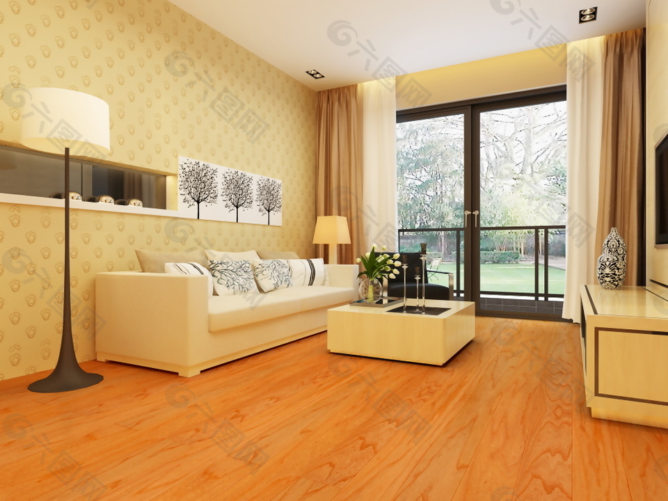 现代简约风格客厅实木木地板3d渲染图装饰装修素材免费下载(图片编号
