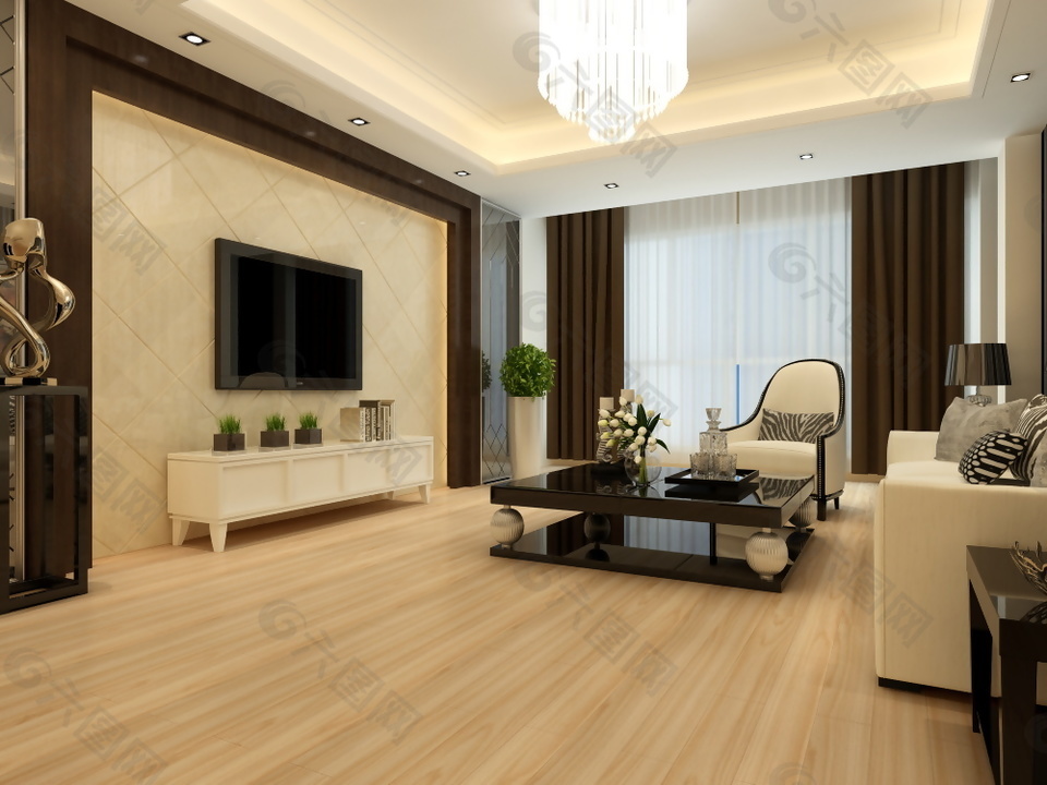 新中式风格客厅实木木地板3d渲染图装饰装修素材免费下载(图片编号