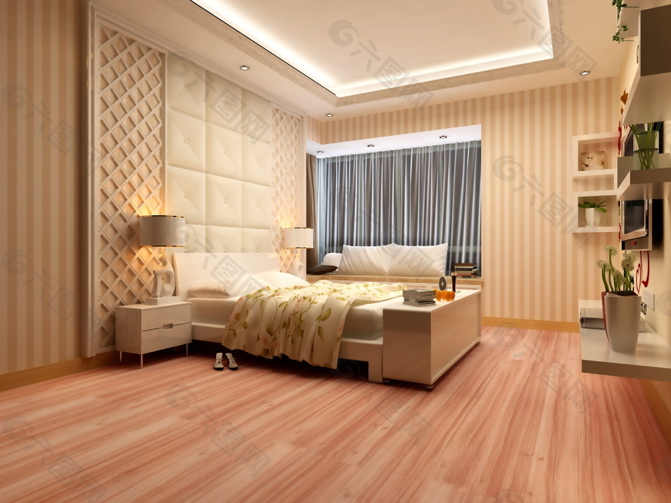 现代简约风格卧室强化木地板3d渲染图