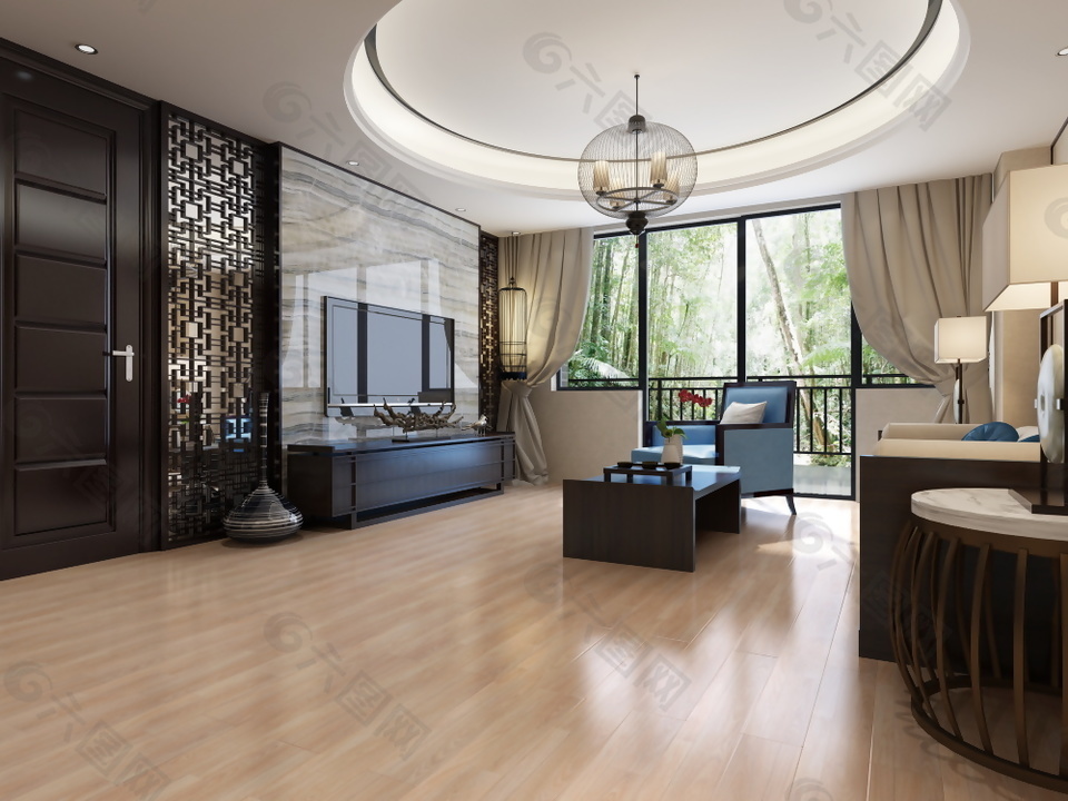 中式客厅实木木地板3d渲染图装饰装修素材免费下载(图片编号:8847557)