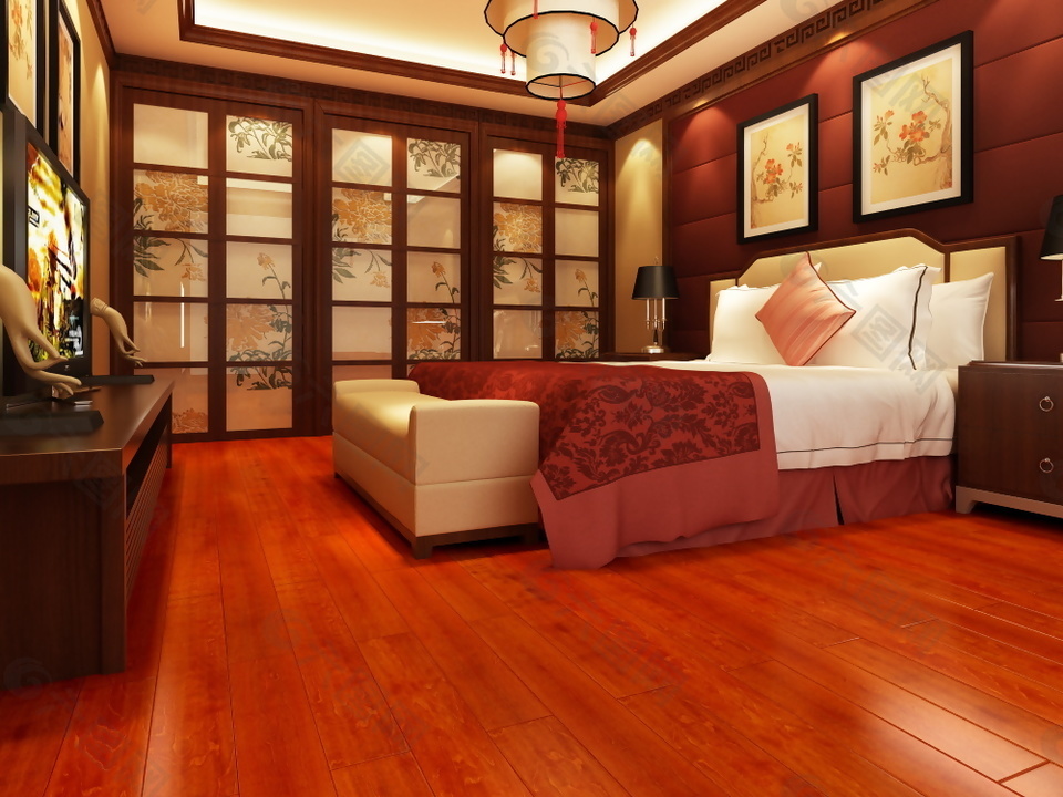 新中式卧室强化地板3d渲染图