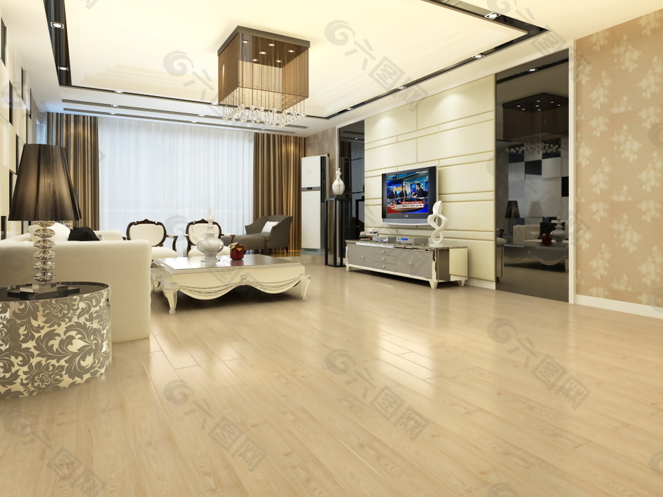 新中式复合木地板3d渲染效果图装饰装修素材免费下载(图片编号