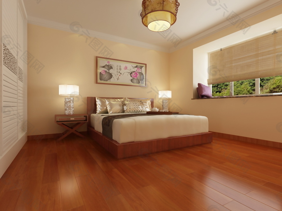 宫廷卧室实木木地板3d渲染图