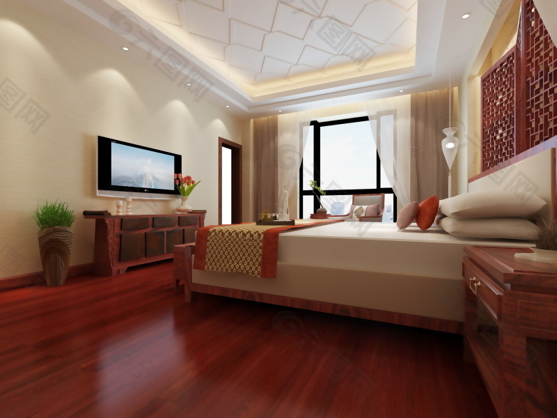 新中式实木家具卧室效果图