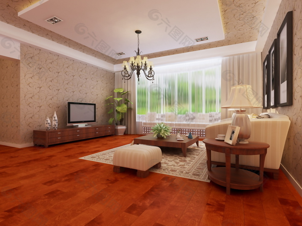 新中式客厅实木地板效果图