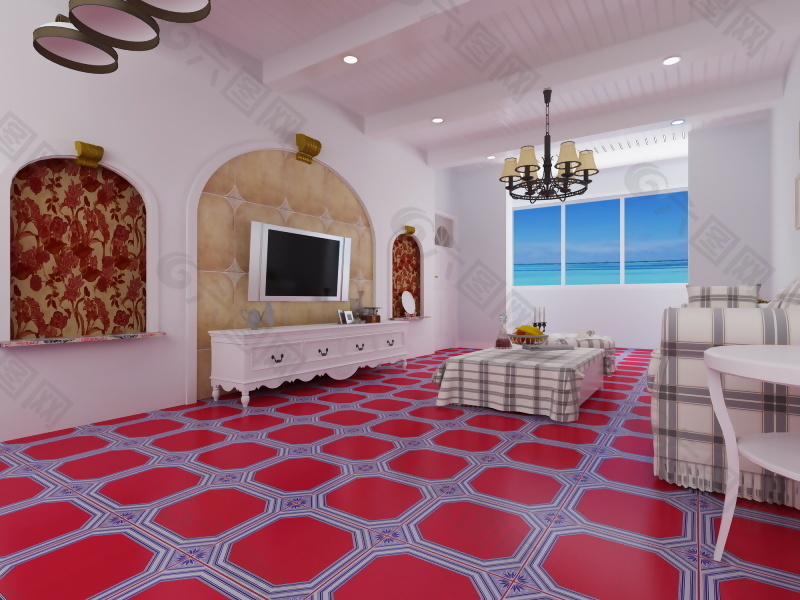 地中海客厅网格瓷砖3d渲染效果图