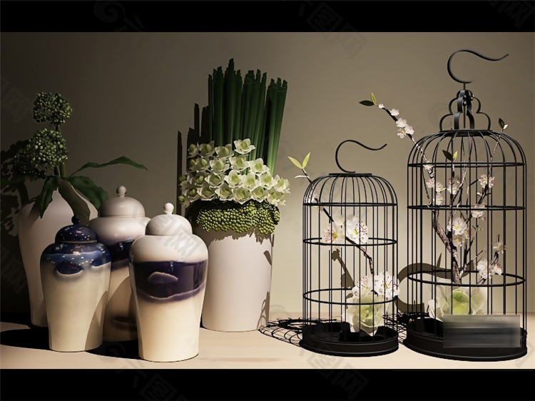 典雅花瓶鸟笼摆件模型素材