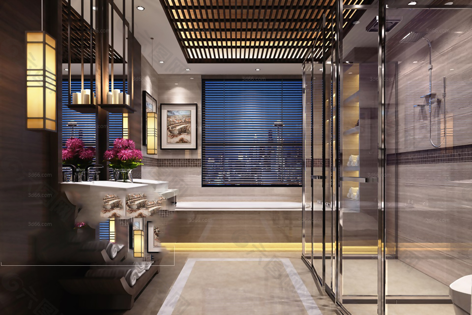 高端酒店别墅精装浴室3D渲染效果图