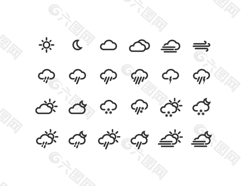 天气图标黑白线稿图标素材AI