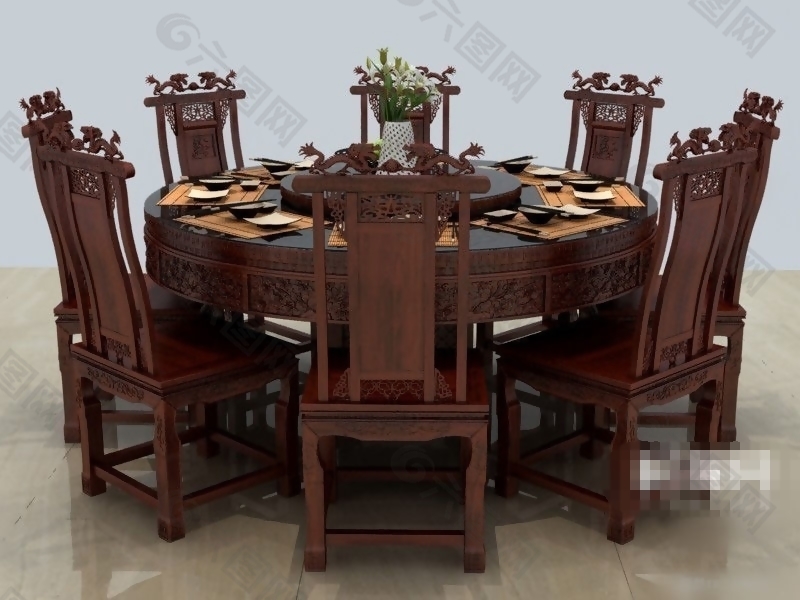 典雅奢华中式宫廷风格餐桌椅素材