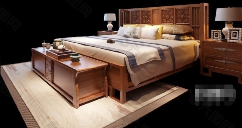 古朴典雅新中式卧室床具组合素材