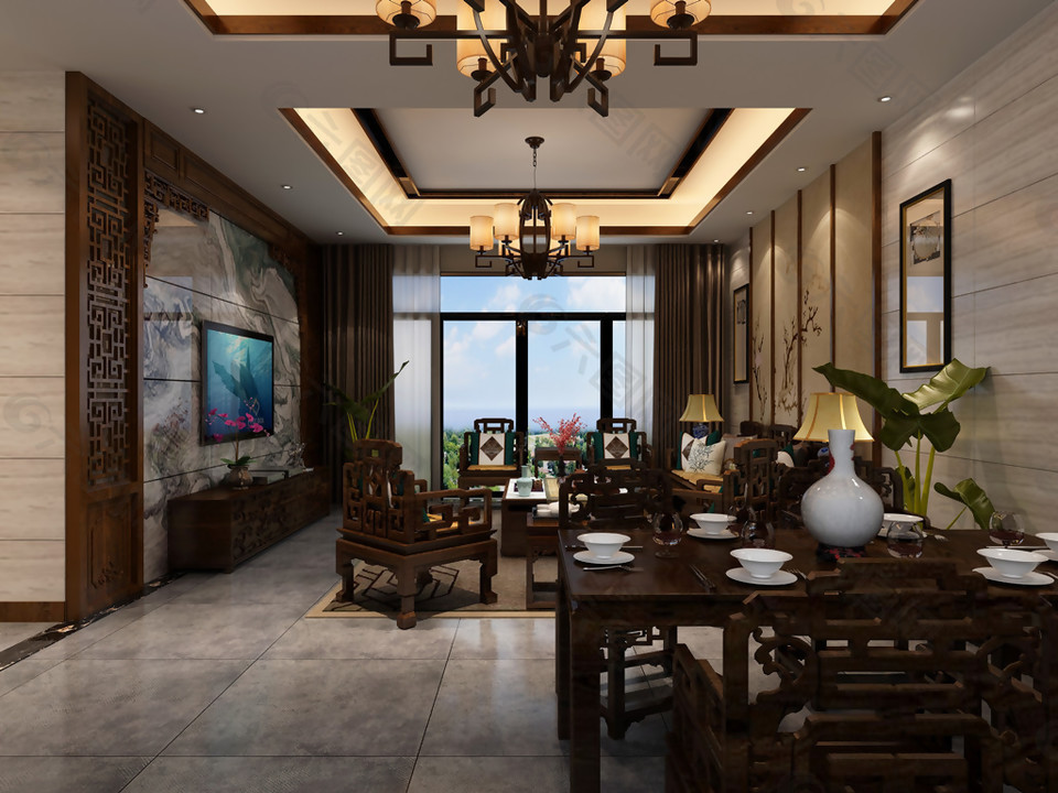 中式家装客餐厅模型