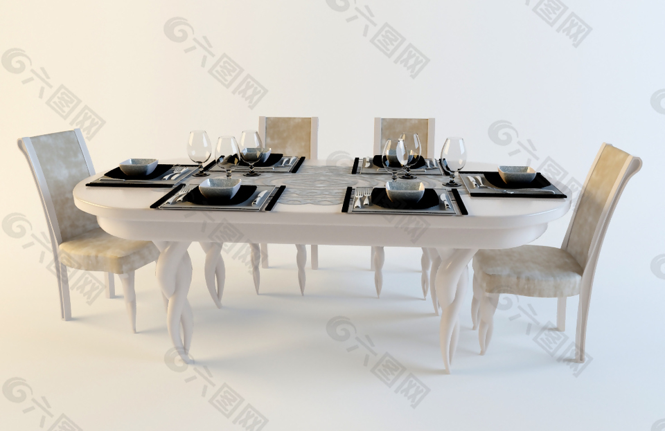 纯白椭圆餐桌椅3D模型