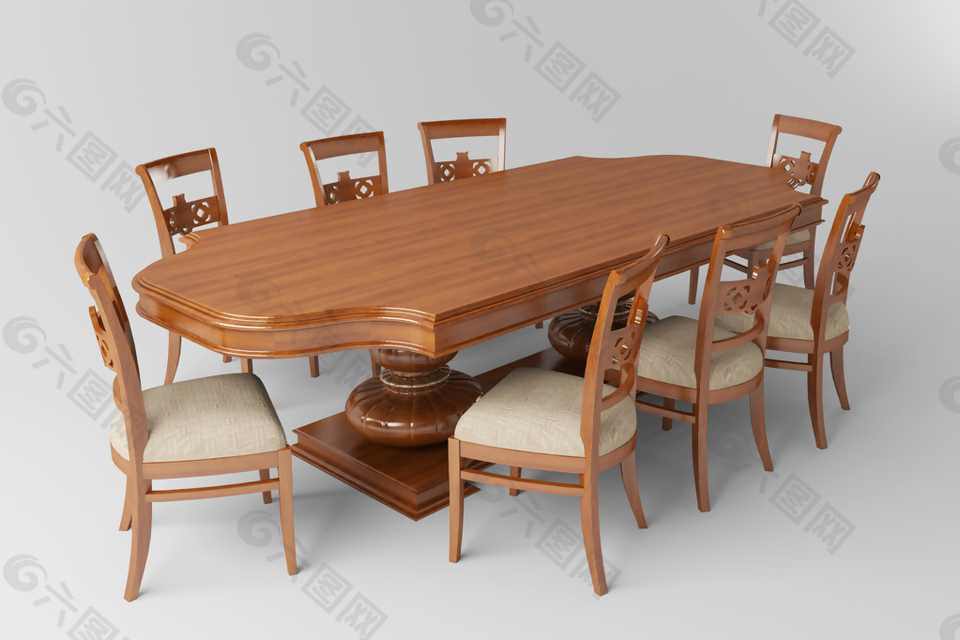 纯木多人餐桌椅3D模型