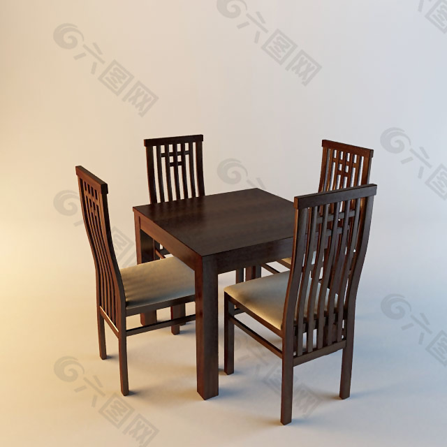 中式四方原木餐桌椅3D模型