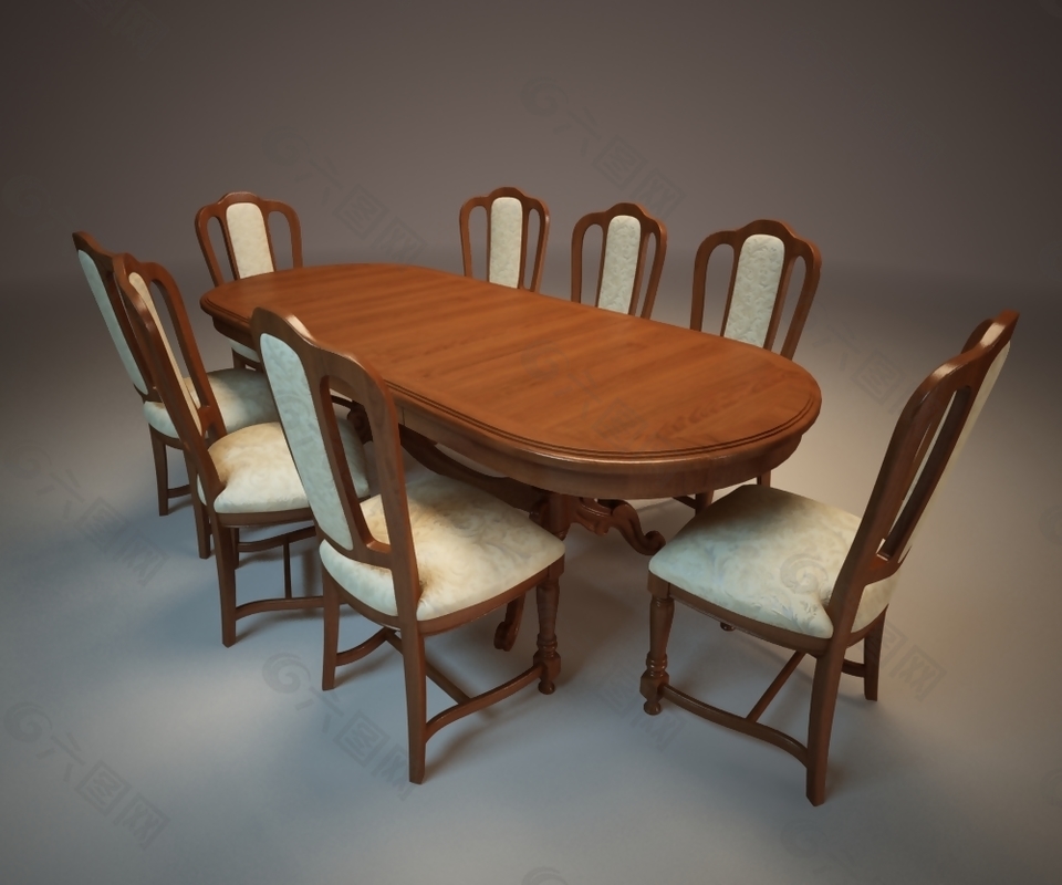 中式原木餐桌椅3D模型
