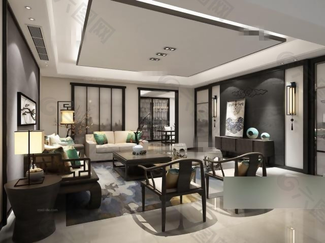 中式简约优雅客厅设计模型