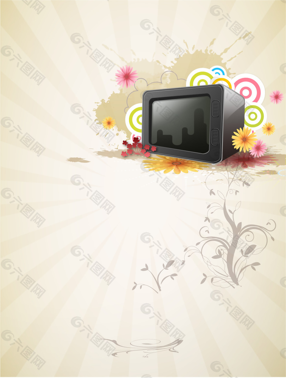 矢量黑色电视机彩色圈圈花朵灰底背景素材