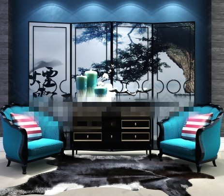 现代中式沙发椅玄关柜屏风饰品组合