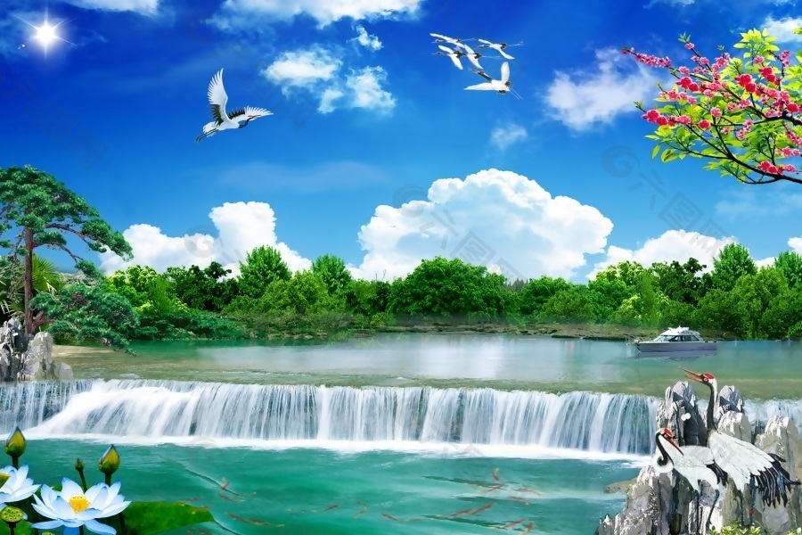 3D中式山水风景画瀑布仙鹤背景墙