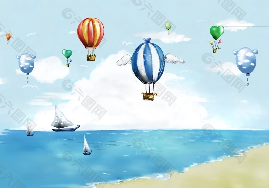 3D海滩帆船热气球背景墙