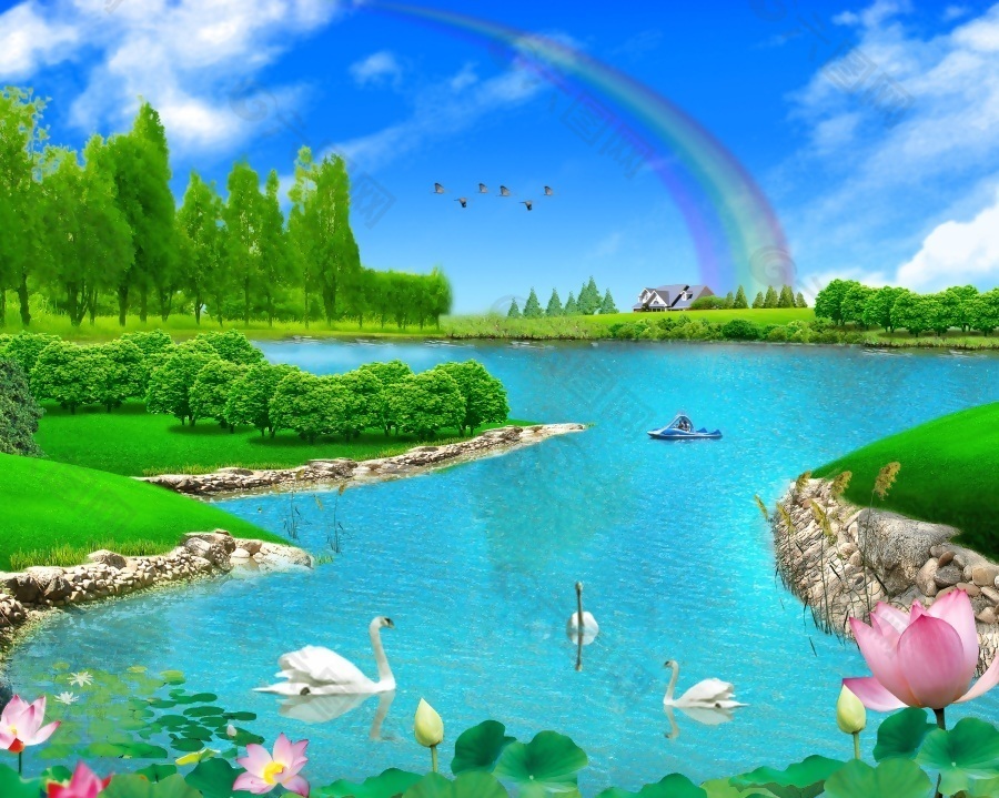 3D荷花白鹅戏水彩虹背景墙装饰装修素材免费下载(图片编号:8858435)-六图网