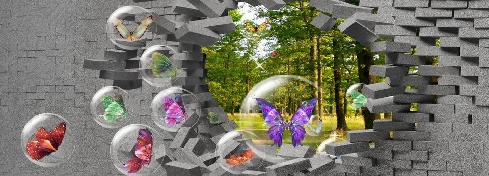 3D创意立体砖块气泡蝴蝶背景墙