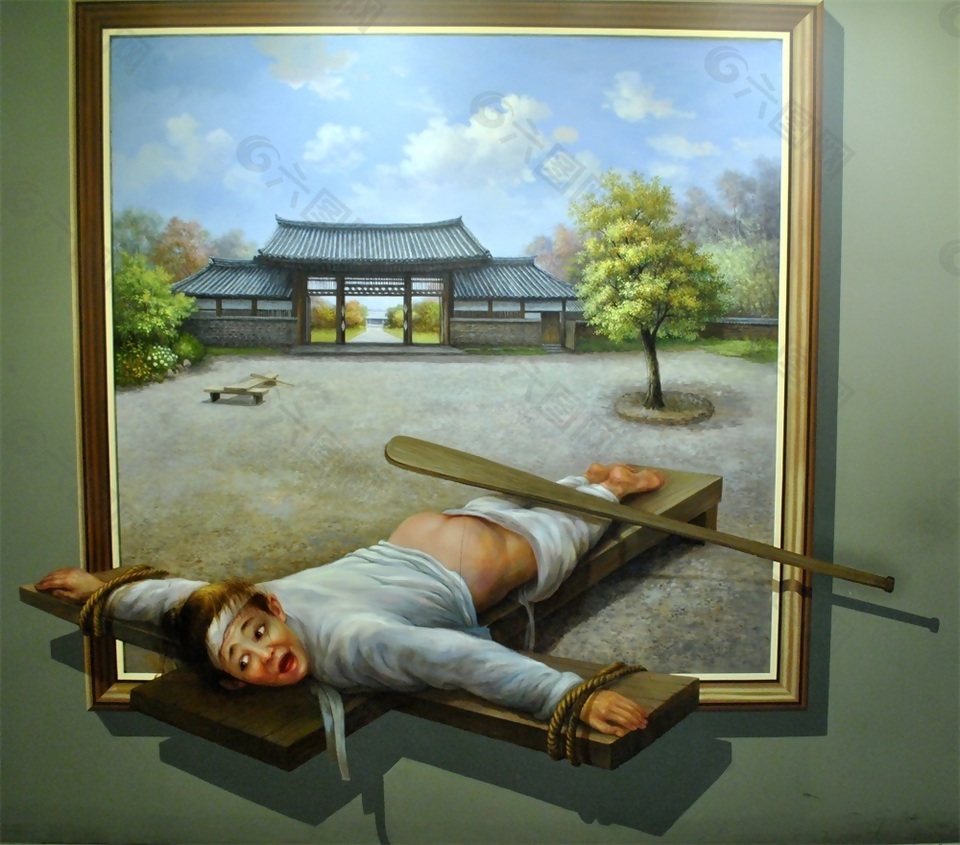3D中式人物受刑手绘背景墙