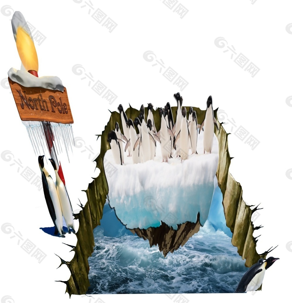 3D卡通冰川融化企鹅背景墙