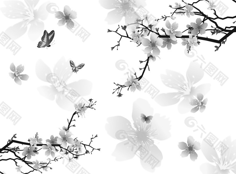 黑白图片蜡梅蝴蝶背景墙素材