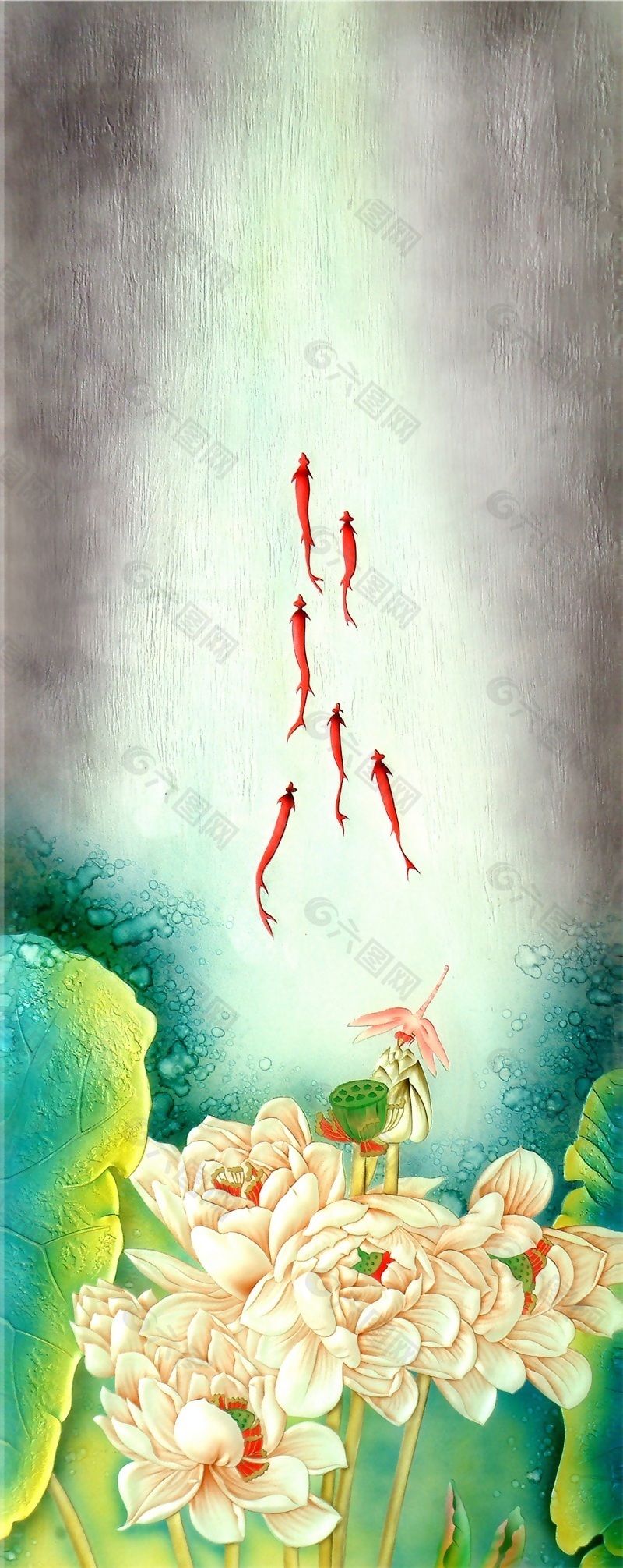 莲花池鲤鱼跃龙门移门创意画