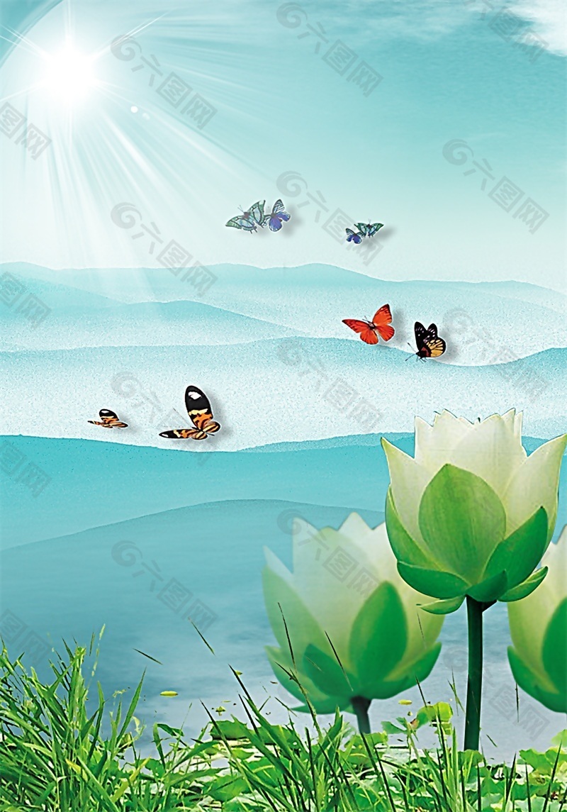 绿色荷花蝴蝶风景画