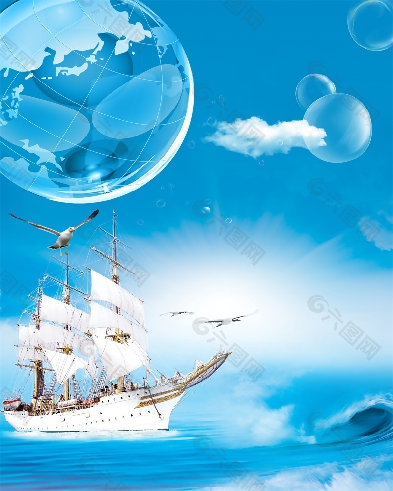 蓝色海洋航船移门创意画