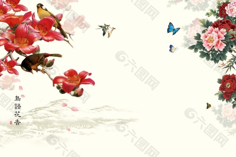 中式手绘鸟语花香玉石瓷砖背景墙