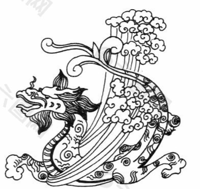 游龙戏水龙纹黑白图