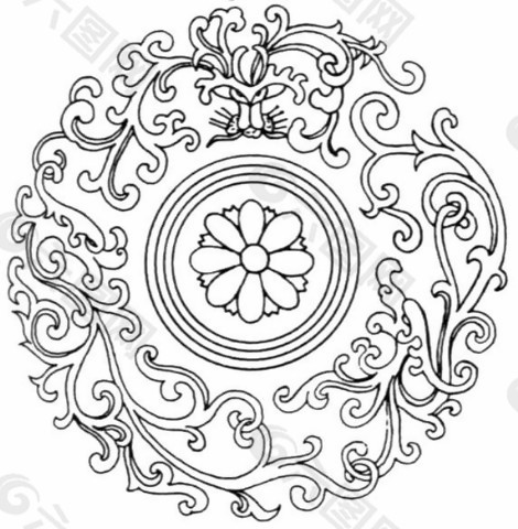 中式图案古典龙纹花纹黑白图