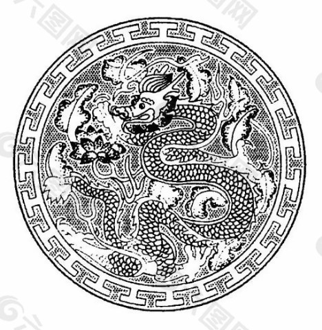 中式图案古典龙纹盘子黑白图
