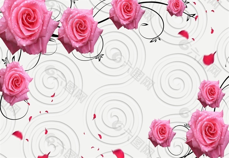 粉色玫瑰室内瓷砖背景墙