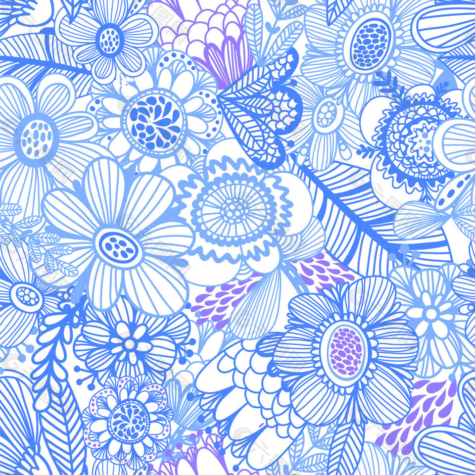 蓝色娇嫩花朵不同颜色花簇矢量图