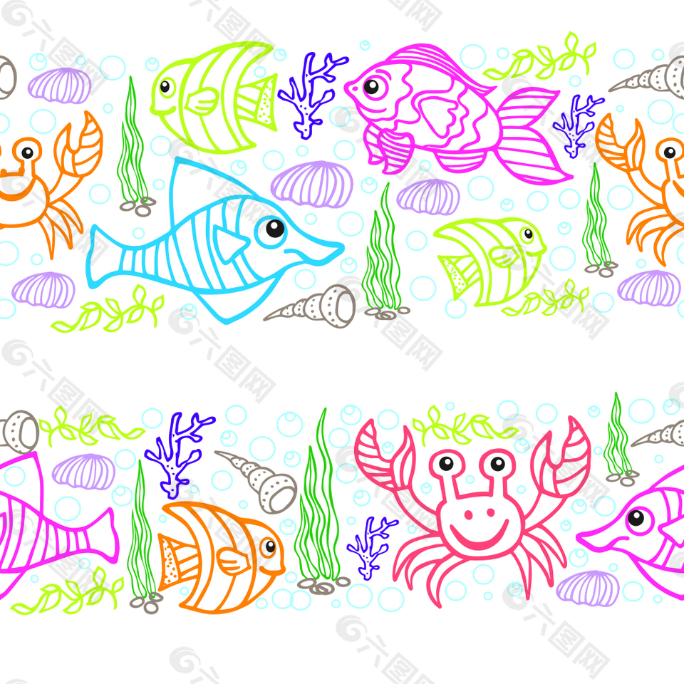 儿童涂鸦可爱的海洋生物插画