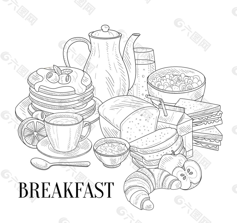 手绘丰富营养的早餐插画