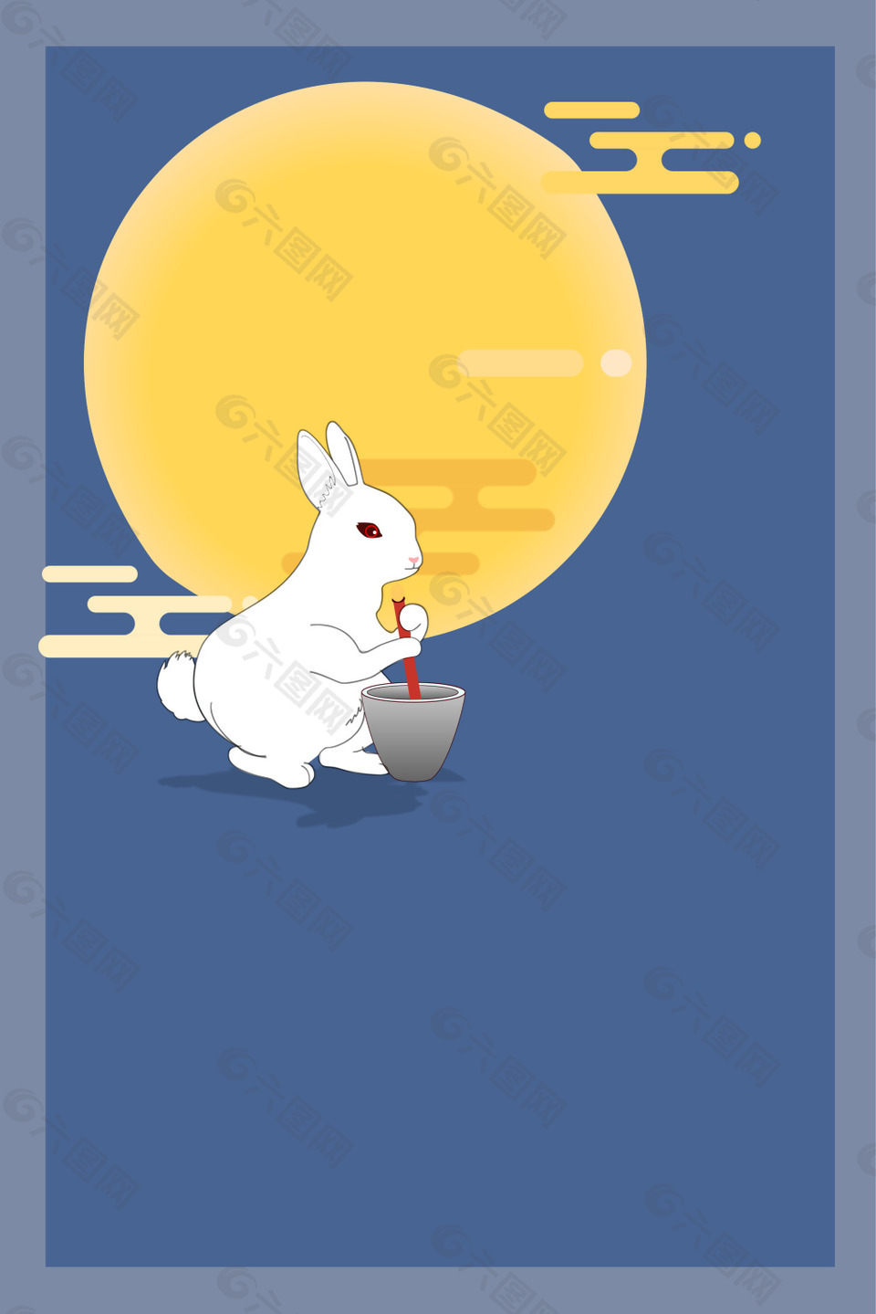 简约扁平中秋玉兔捣药图