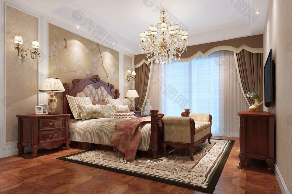 美式风格卧室实木双人床效果图