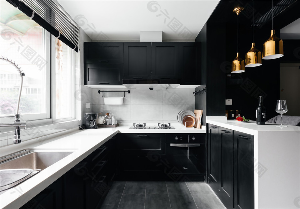 黑白现代整体厨房效果图图片