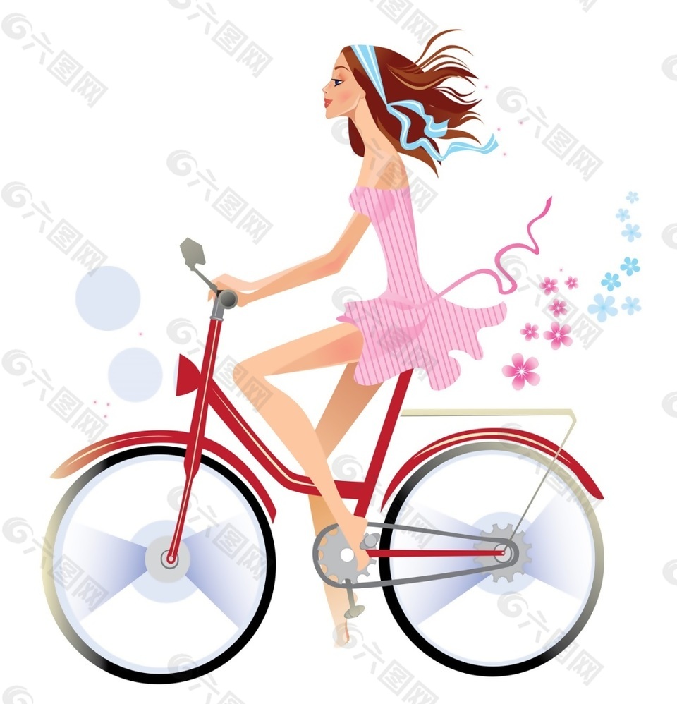 骑自行车女孩矢量素材